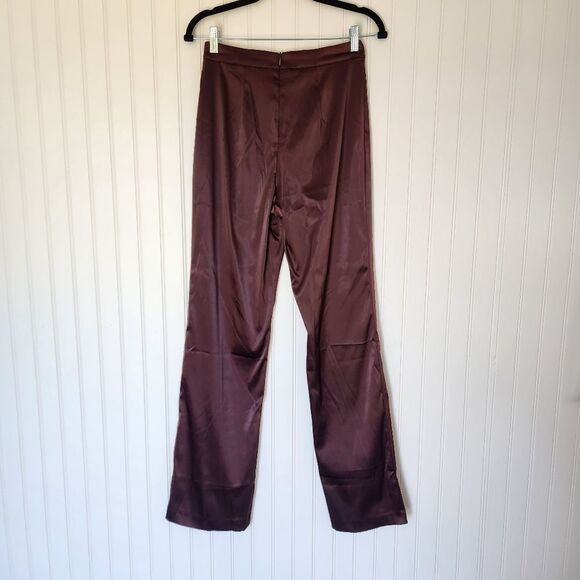 NEW DO+BE Chocolate Brown Satin Contemporary High Waist Split Hem Pants Medium - Picture 4 of 7